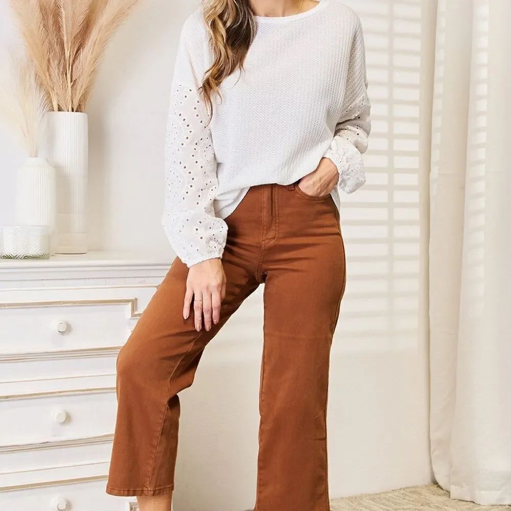 White Eyelet Sleeve Top EyeletβDrop Shoulder Women's Shirt